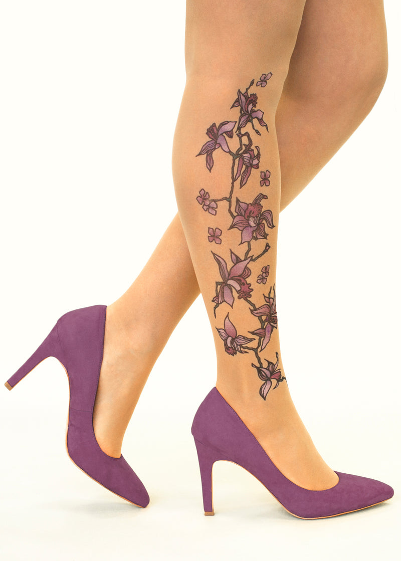 Purple Orchids Tattoo Printed Sheer Tights/Pantyhose