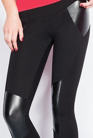 Black Leggings with Leather Look Inserts & Knee Panels