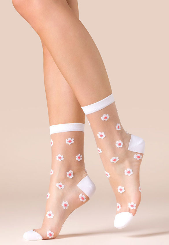 Daisy Flowers Patterned Sheer Ankle Socks by Gabriella in white pink
