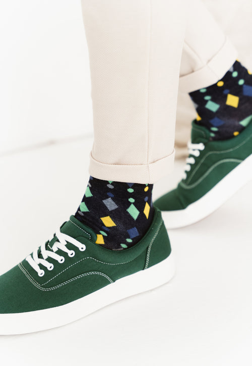 Dots & Diamonds Patterned Socks in Green & Navy Blue  by More