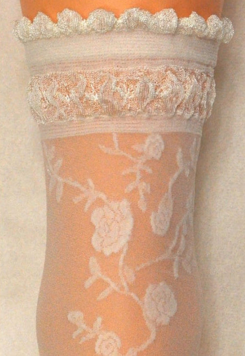Galena Rose Vine Patterned Sheer Ankle Socks by Veneziana in panna cream ivory white