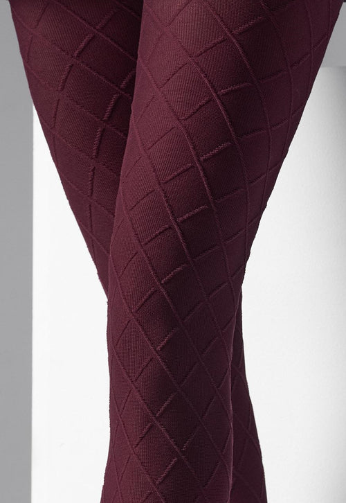 Pola Diamond Patterned Textured Tights by Veneziana in burgundy maroon red