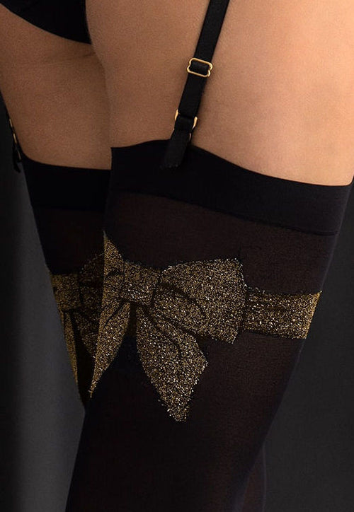 Tresor Black Opaque Stockings with Golden Bow by Fiore