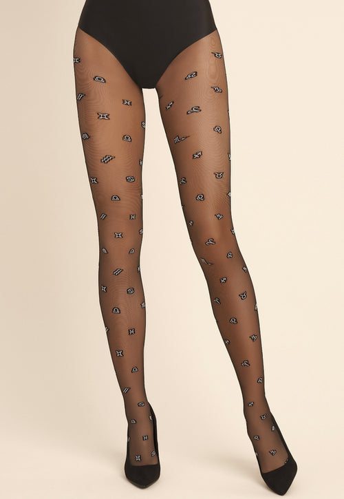 Zodiac Horoscope Signs Patterned Black Sheer Tights by Gabriella