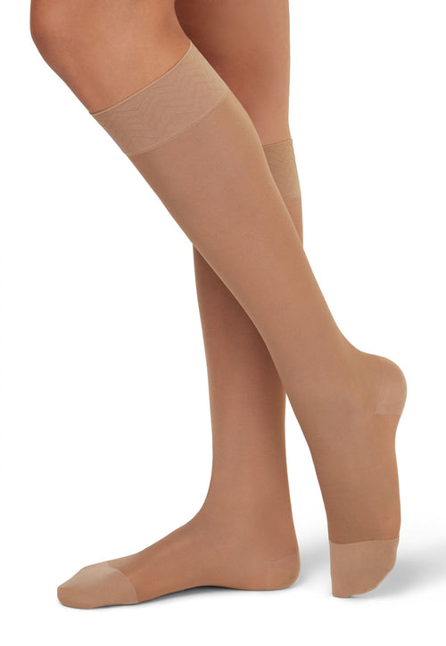 Wellness & Beauty 140 Den Compression Sheer Knee-High Socks by Golden Lady in playa light tan