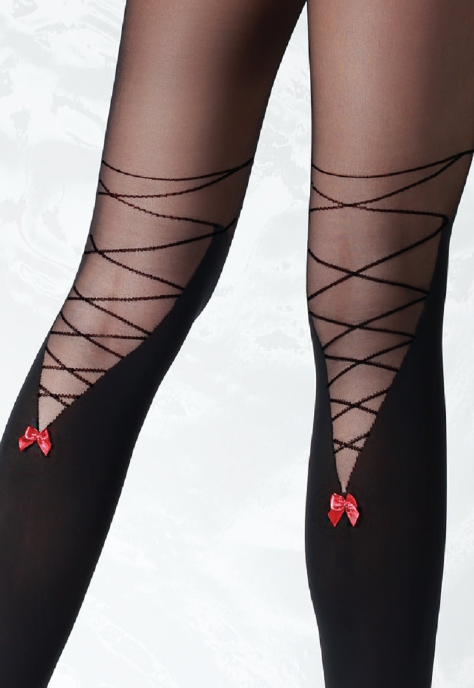 Bonded Lace-Up & Red Bows Patterned Tights by Knittex