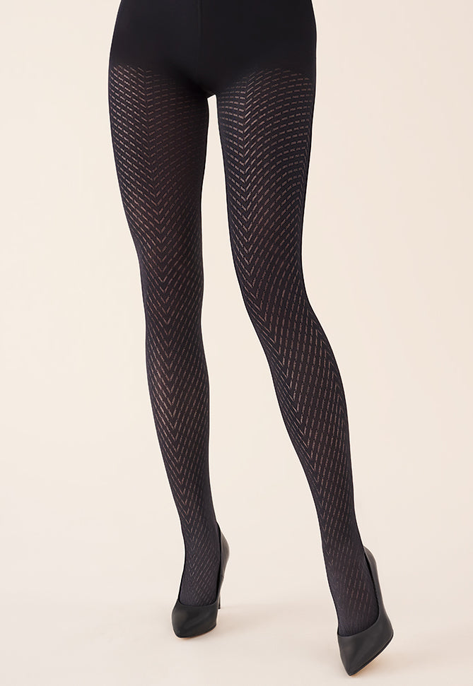 Anett Dashed Chevron Patterned Opaque Tights by Gabriella in black