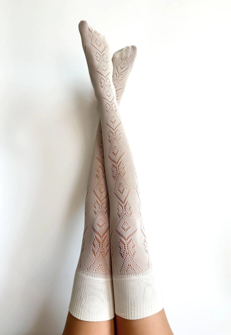 Angelica Openwork Patterned Over-Knee Socks by Veneziana in panna cream white