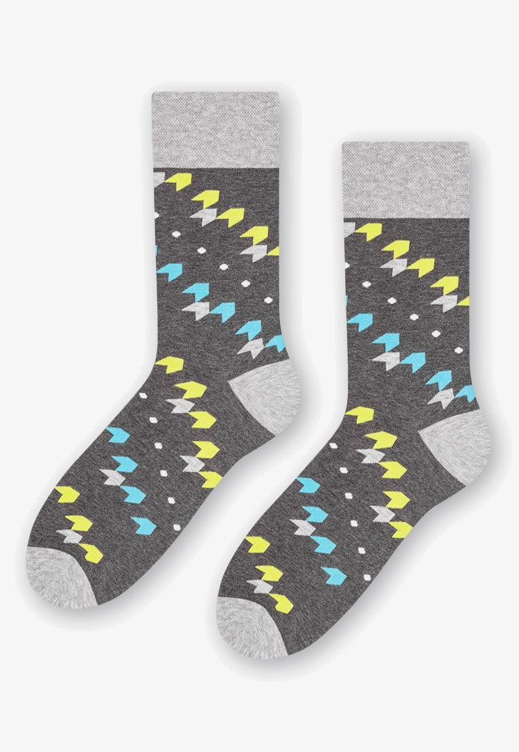 Graphic Arrows Patterned Socks in Marl Grey by More in turquoise and lime green