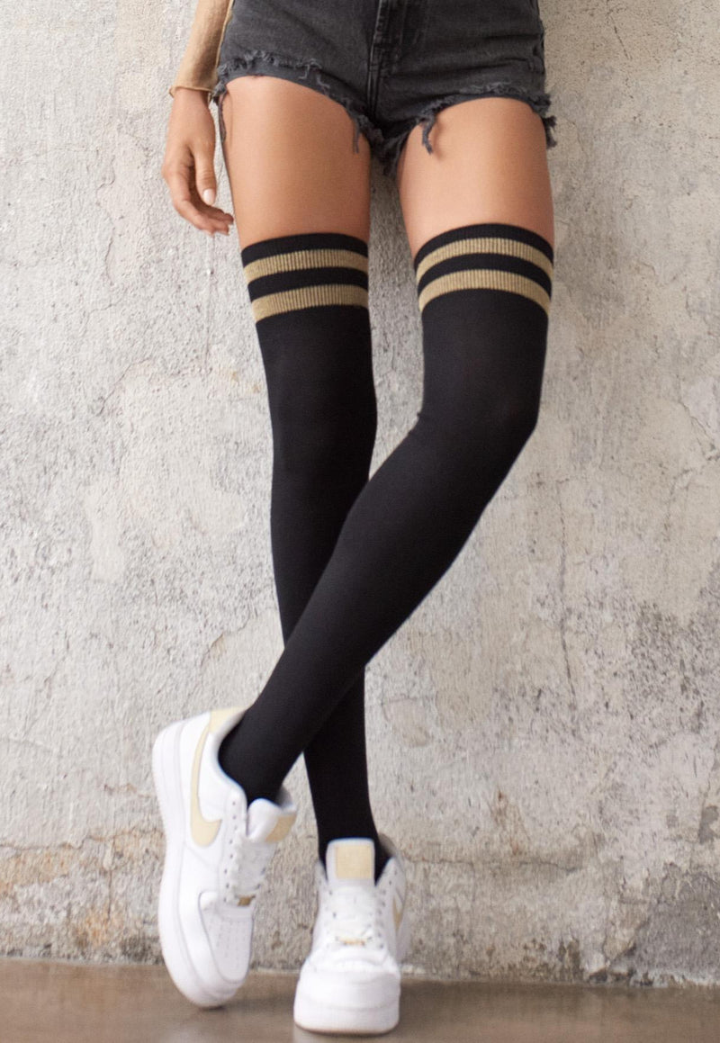 Zazu B21 Double Stripe Cotton Over-Knee Socks by Marilyn in black gold