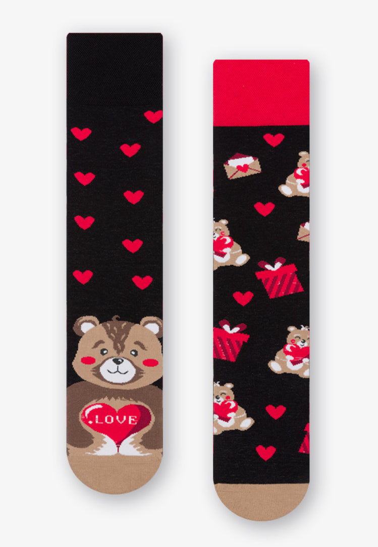 Love Hearts Teddy Bear Odd Patterned Socks by More in black red