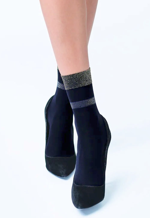 Beatrice Lurex Stripes Opaque Socks by Knittex in black and silver