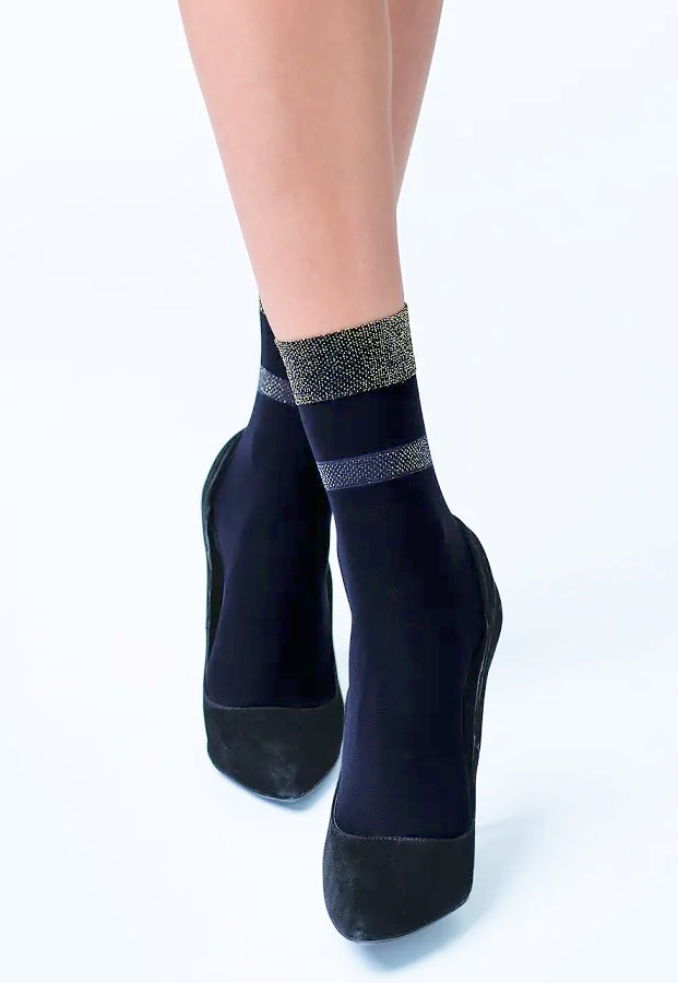 Beatrice Lurex Stripes Opaque Socks by Knittex in black and silver