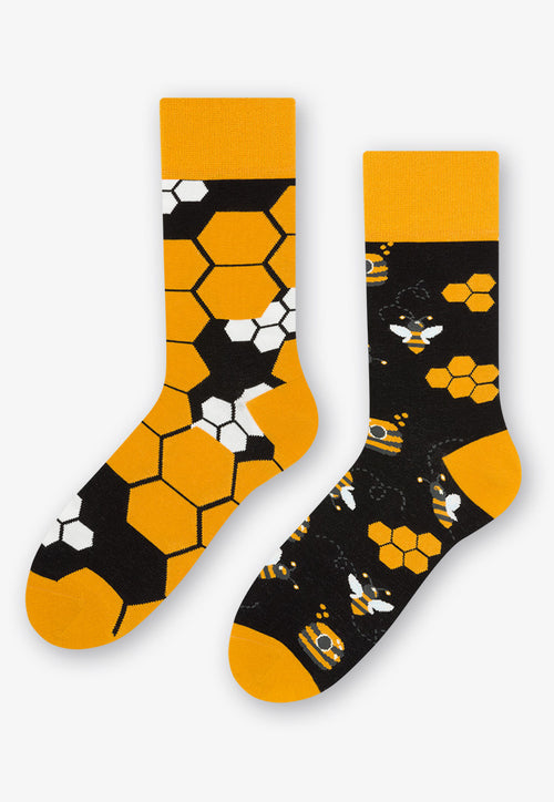 Bee Honeycomb Odd Patterned Socks in Black by More in yellow