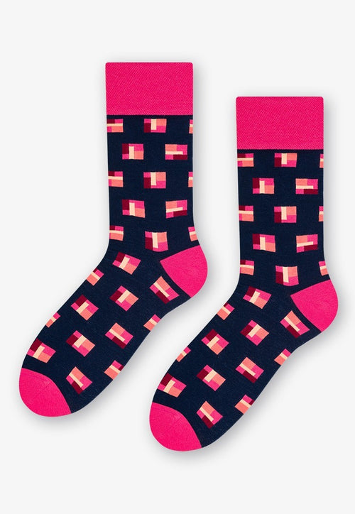 Graphic Blocks Patterned Socks in Navy Blue, Pink by More