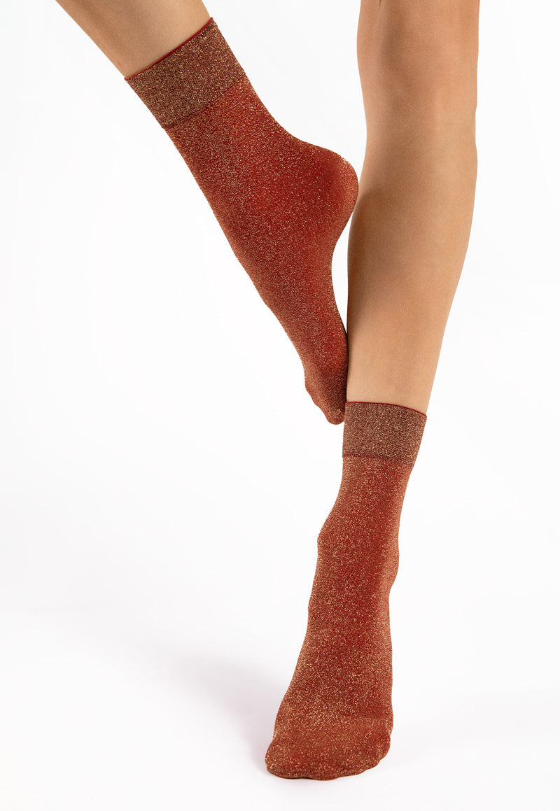 Brillo Sparkly Golden Lurex Opaque Socks by Fiore in red gold