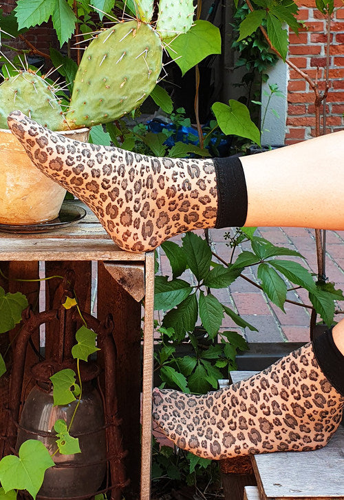Caty Leopard Patterned Sheer Socks by Gabriella in beige black