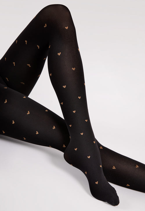 Copper Sparkly Love Hearts Patterned Opaque Tights by Fiore in black