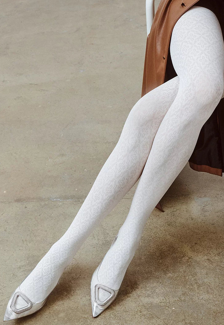 Dafne Baroque Patterned Opaque Tights by Gabriella ecru white cream