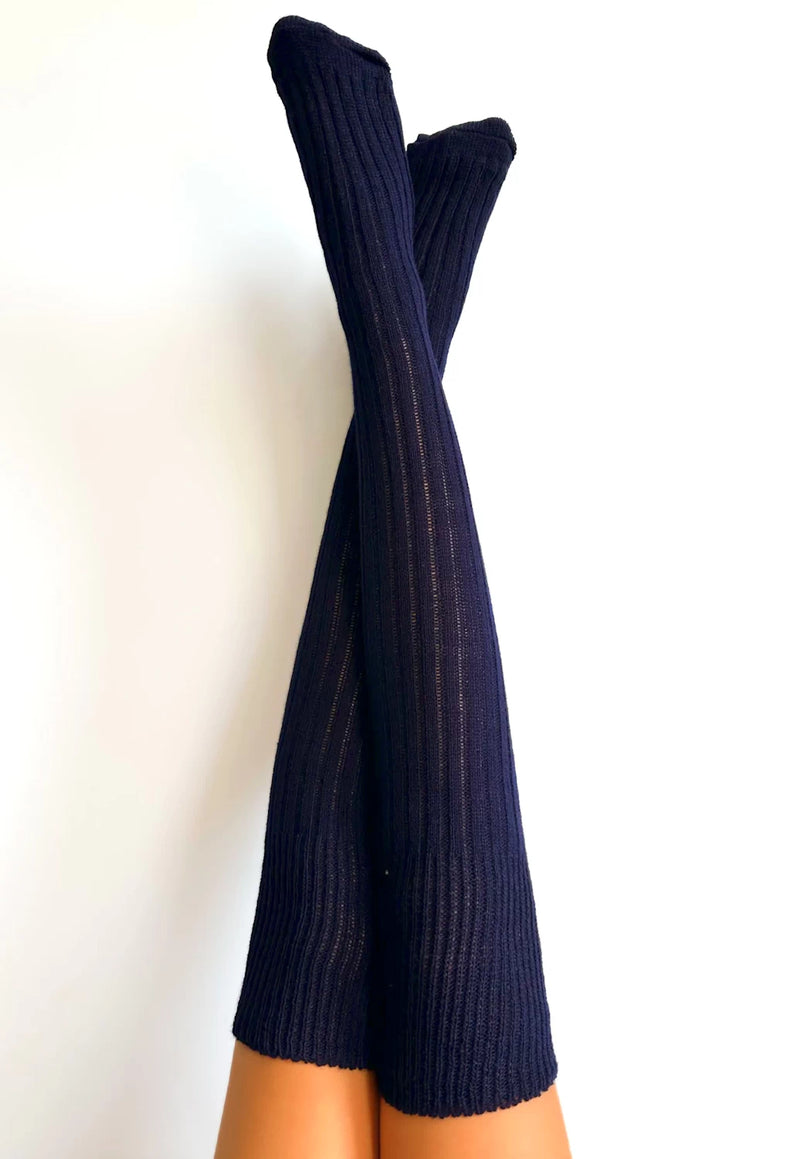 Diuna Wool Cable Knitted Over-Knee Socks by Veneziana in dark navy blue