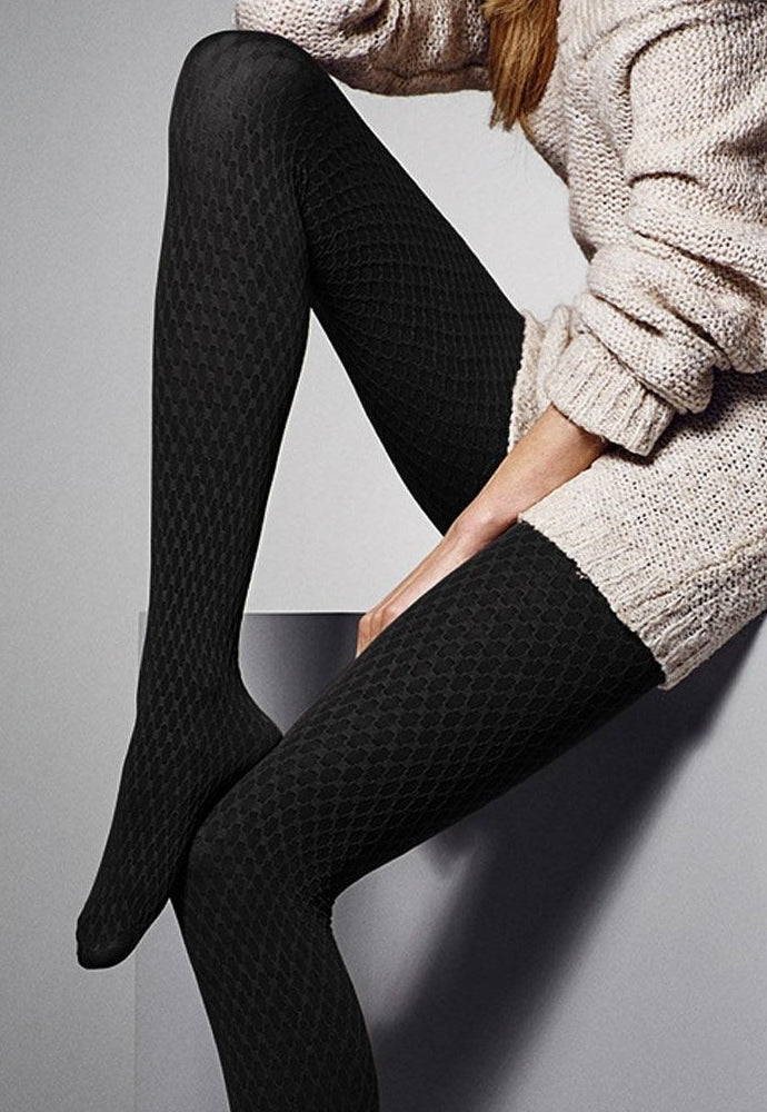 Elodie Diamond Patterned Textured Tights by Veneziana in black