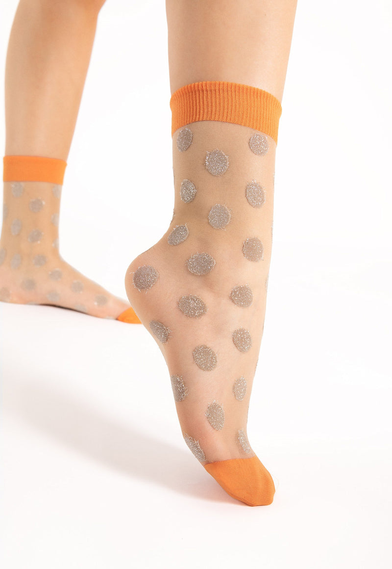 Fame Big Silver Dots Patterned Sheer Socks by Fiore in orange