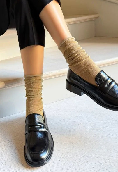 Flavia Sparkly Lurex Ankle Socks by Veneziana in tan gold