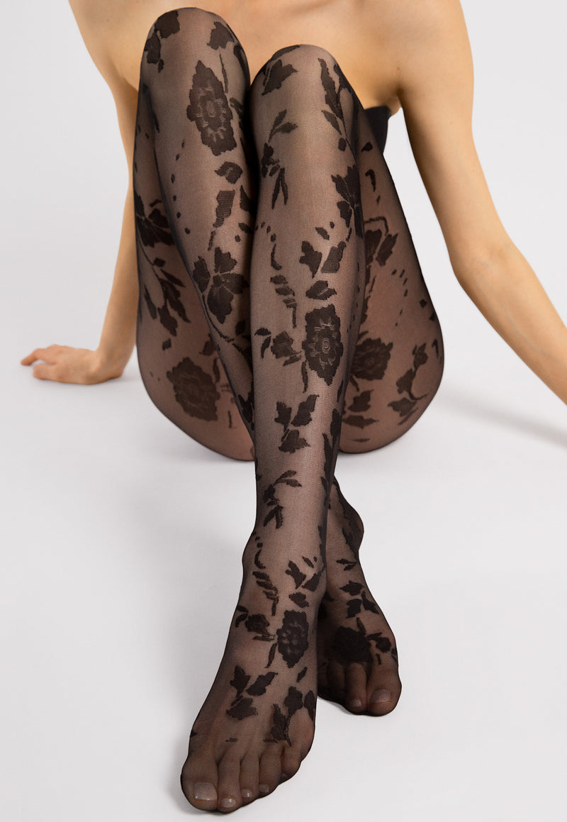 Flores Flowers Patterned Sheer Tights by Fiore black