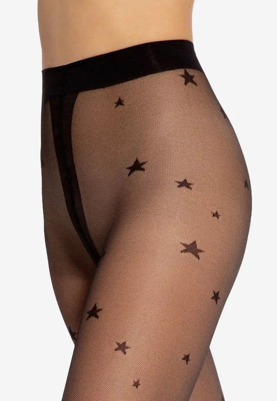 Funny 12 Stars Patterned Black Micronet Tights by Gatta