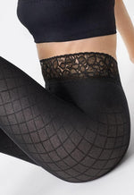 Grace B02 Lace Top Diamond Patterned Tights by Marilyn in black