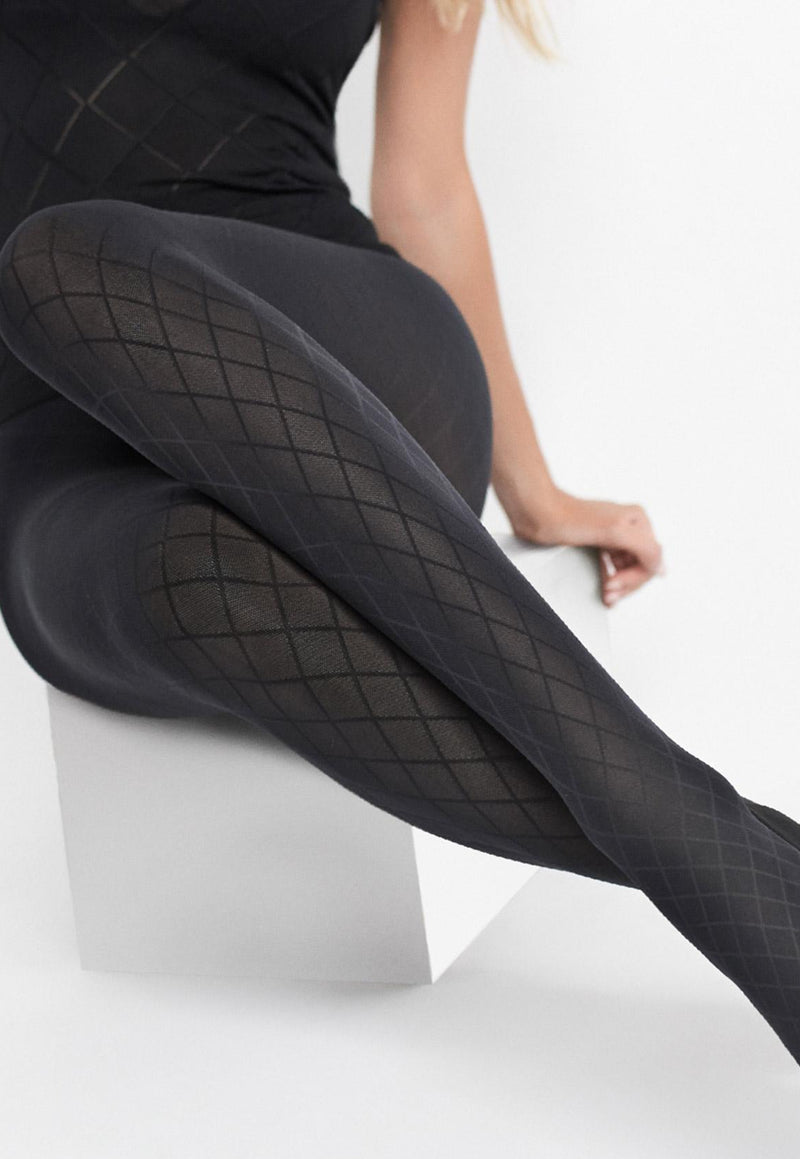 Grace B02 Lace Top Diamond Patterned Tights by Marilyn in black