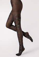 Holly Christmas Patterned Opaque Tights by Fiore in black, red, green