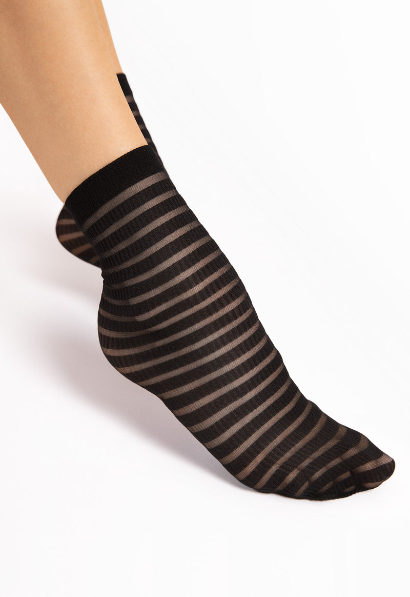 Izzy Ribbed Stripes Patterned Sheer Socks by Fiore in black