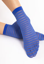 Izzy Ribbed Stripes Patterned Sheer Socks by Fiore in cobalt blue