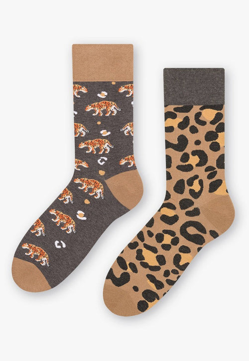 Leopard Odd Patterned Socks in Beige & Grey
