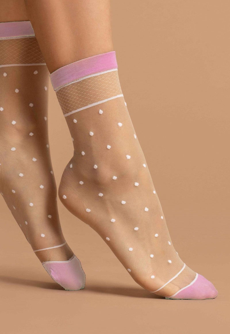 Liz Polka Dot Patterned Sheer Socks by Fiore in cream pink