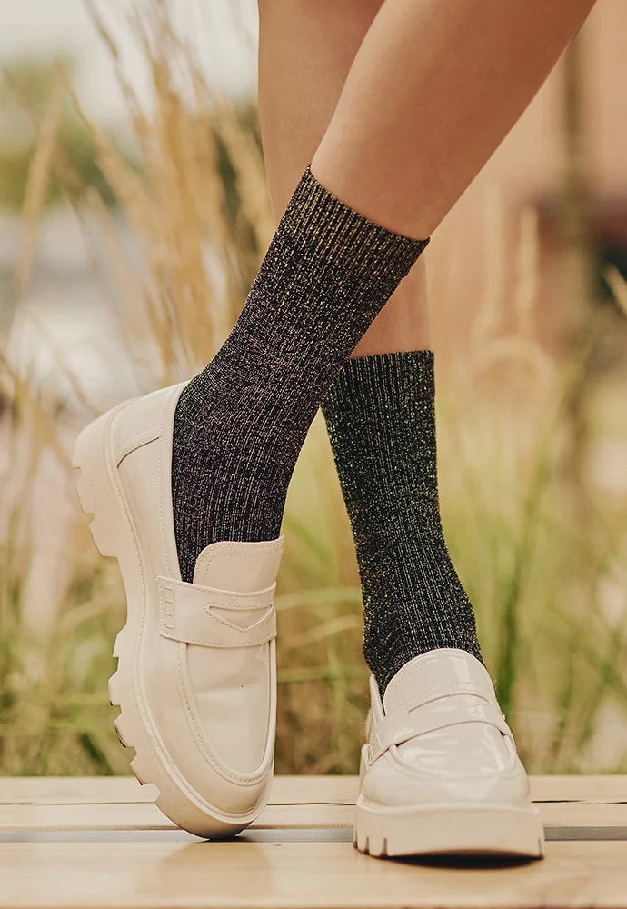 Nora Golden Lurex Ribbed Opaque Socks by Gabriella in black gold