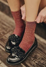 Nora Golden Lurex Ribbed Opaque Socks by Gabriella in burgundy red gold