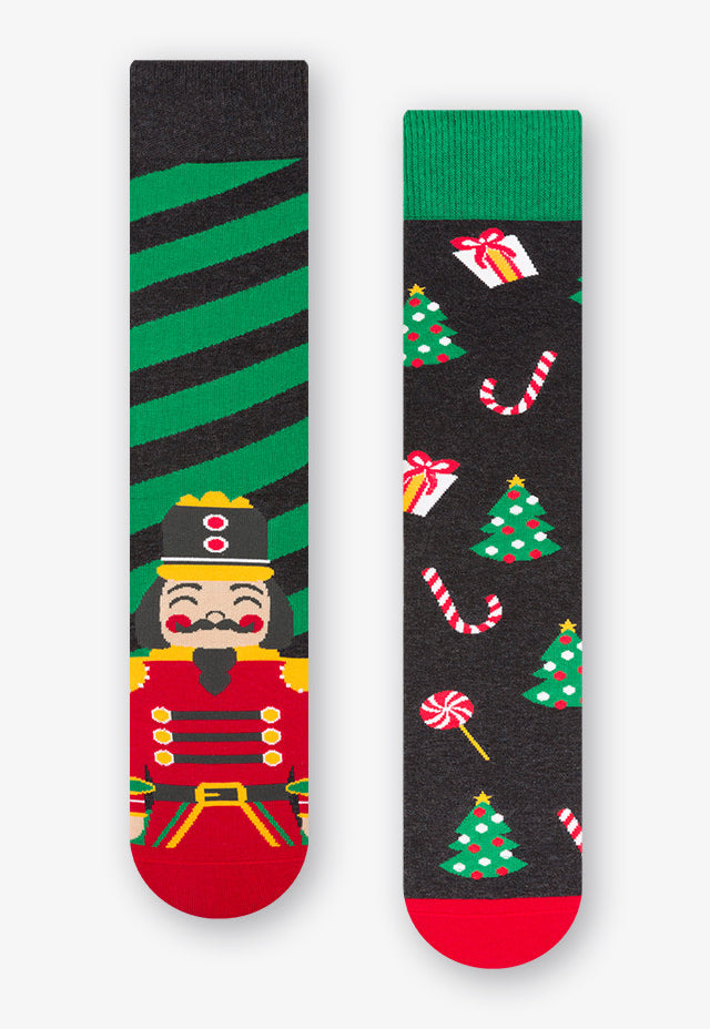 Nutcracker Odd Patterned Christmas Socks in Dark Grey, green and red by More