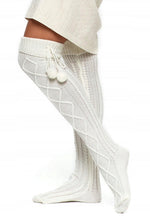 Moraj Cable Knitted Pom Pom Over-Knee Socks in panna cream white
