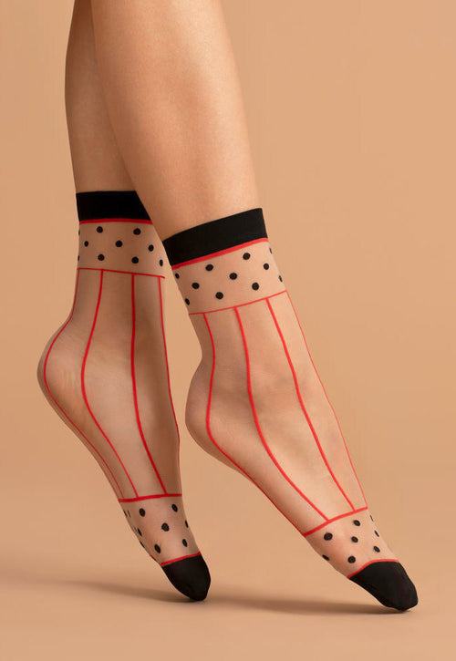 Spicy Lines & Dots Patterned Sheer Socks by Fiore in nude tan, black, red