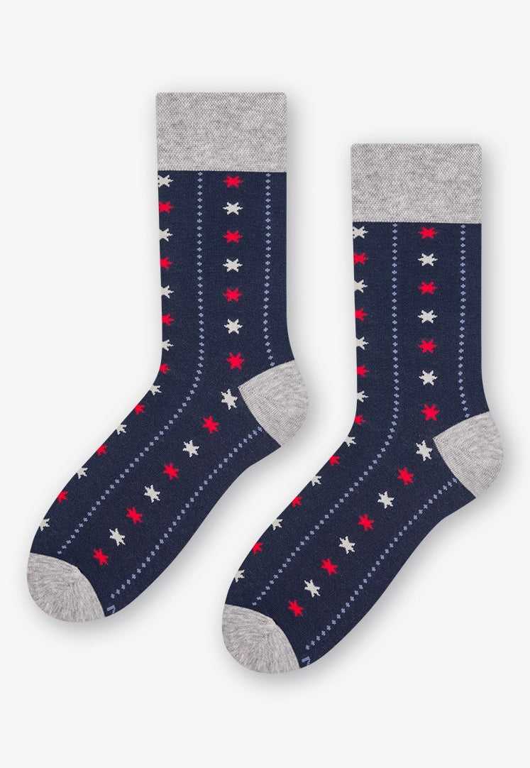 Stars & Lines Patterned Socks in Navy Blue, Red, Grey