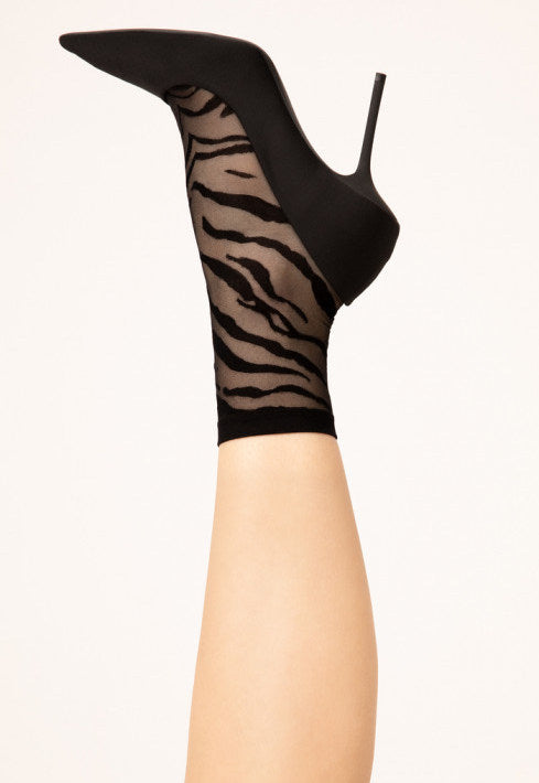 Steppe Tiger Animal Print Patterned Sheer Socks by Fiore in black