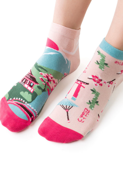 Tokyo Japan Odd Patterned Low Cut Socks by More in pastel pink