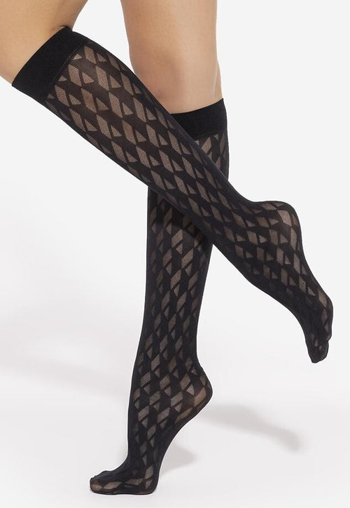 Trendy 03 Geometric Patterned Opaque Knee-High Socks by Gatta in black