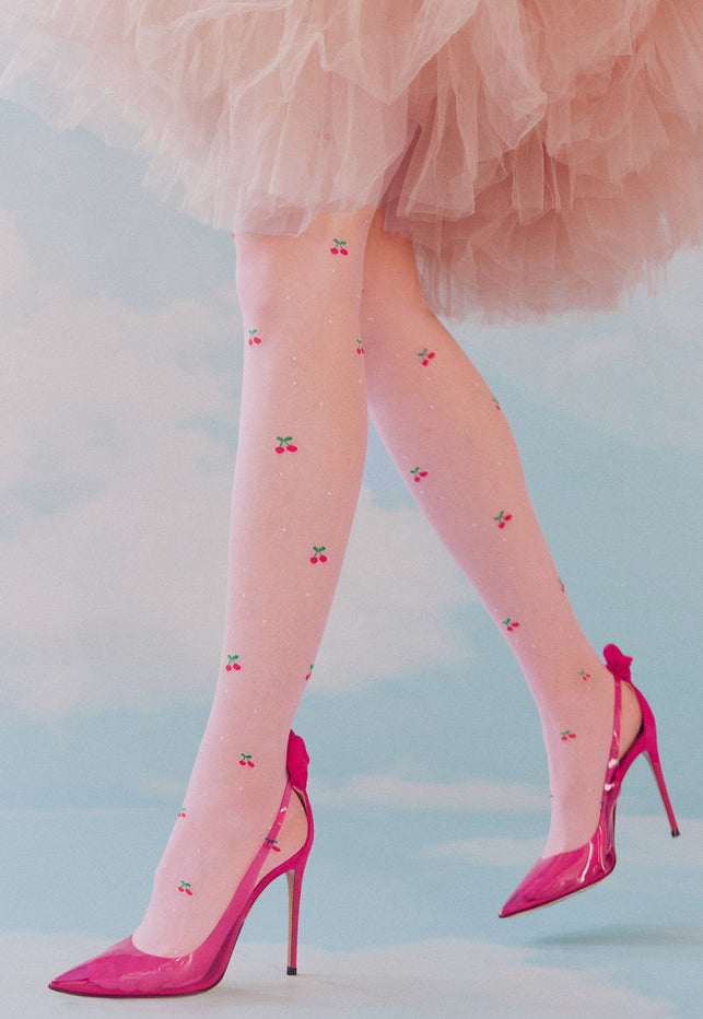 Very Cherry Patterned Sheer Tights by Gabriella in pink