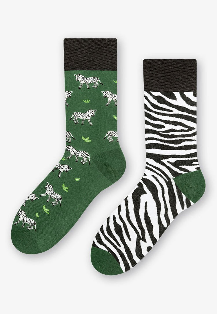 Zebra Odd Patterned Socks in Dark Green, Black & White by More