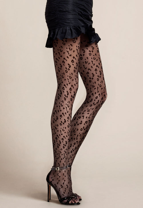 Claudia Cheetah Patterned Sheer Black Tights