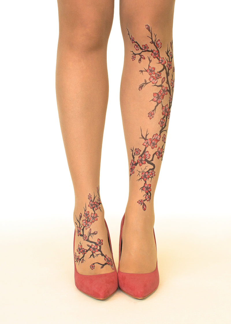 Cherry Blossoms Tattoo Printed Sheer Tights/Pantyhose