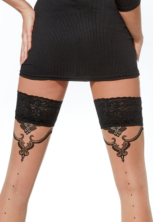 Dominique Baroque Dotted Backseam Sheer Hold-Ups in black/nude